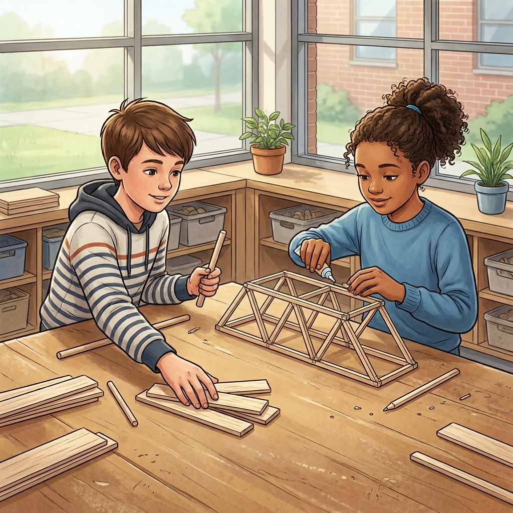 Now let's look at a different kind of project. A group project building a model bridge uses roles too. One student gathers.
