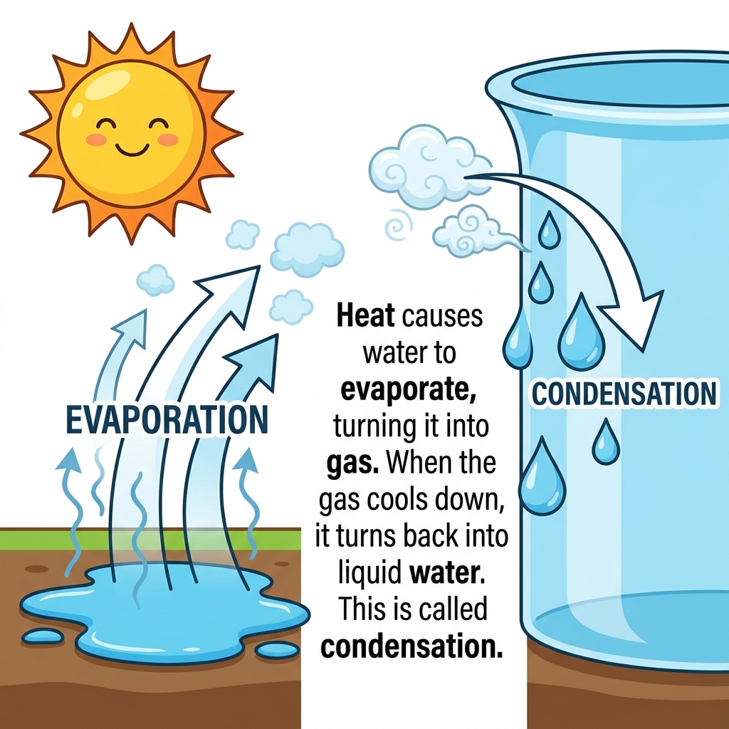 Heat causes water to evaporate, turning it into gas. When the gas cools down, it turns back into liquid water. This is.