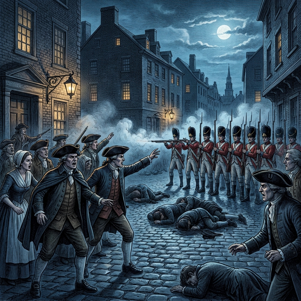 The text says, 'The Boston Massacre left five colonists dead, which increased anger across the colonies and led to the start.
