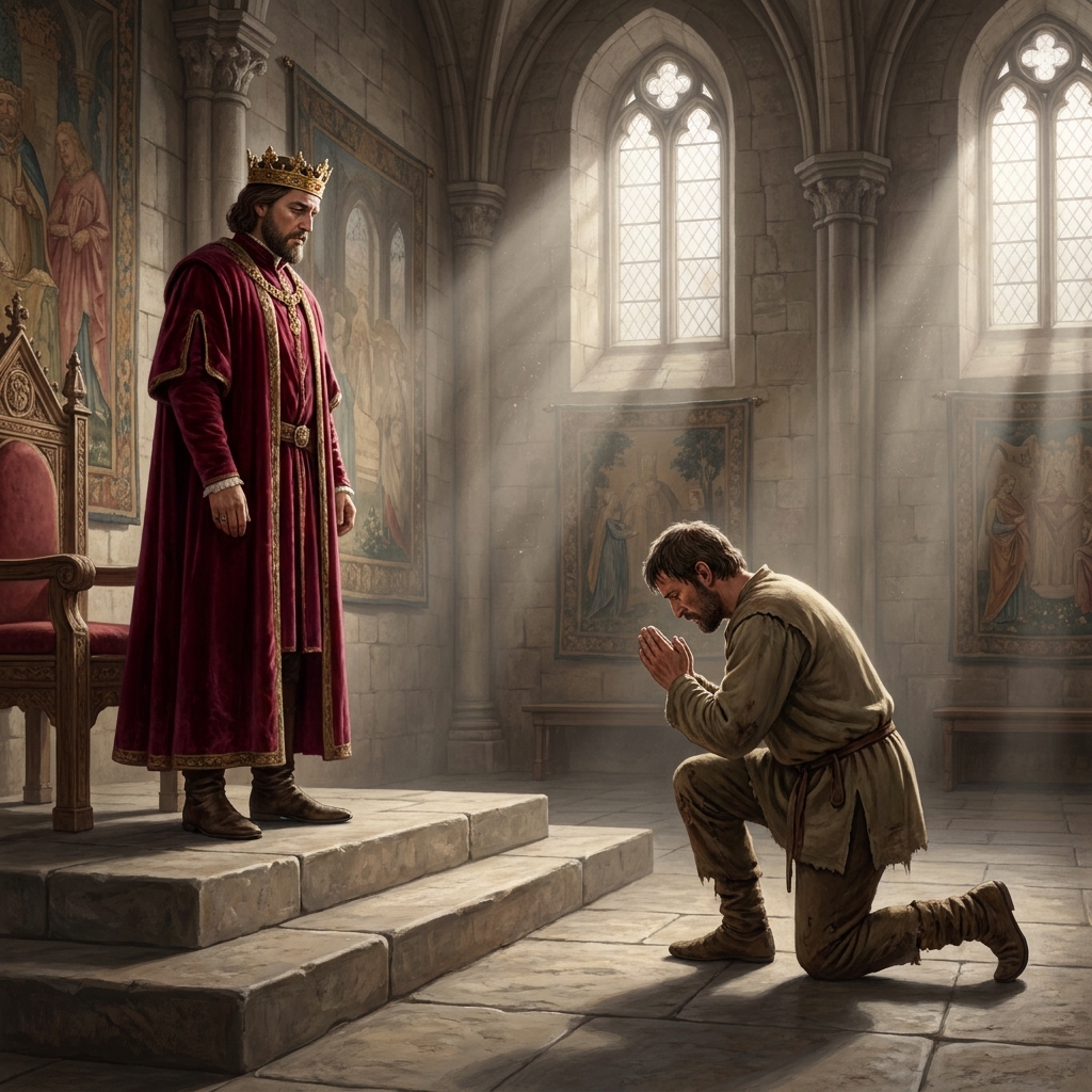 The king says: 'Why do you stand before me?' The peasant replies: 'I have no food for my family.'