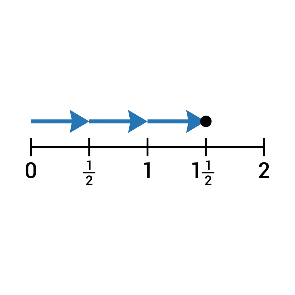 To solve this, we place 3 segments of 1/2 on a number line. This gives us 1/2 plus 1/2 plus 1/2, which equals 3/2 or 1 and.