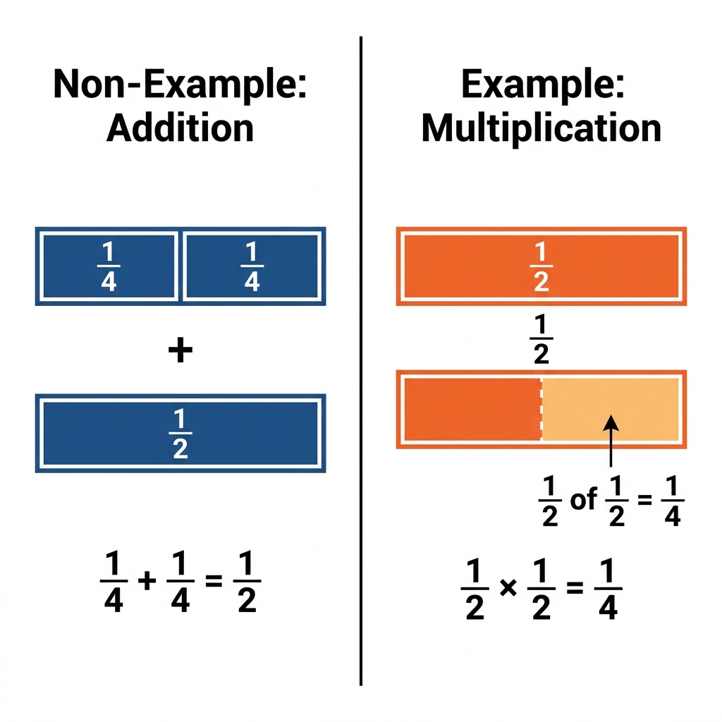 A non-example of multiplication occurs when we simply combine two fractions to reach a whole. Multiplication is distinct.
