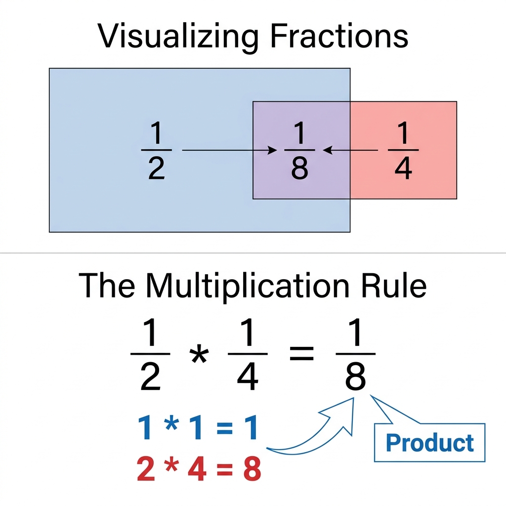 Another way to see this is by multiplying the numerators 1 times 1 to get 1, and the denominators 2 times 4 to get 8. Both.