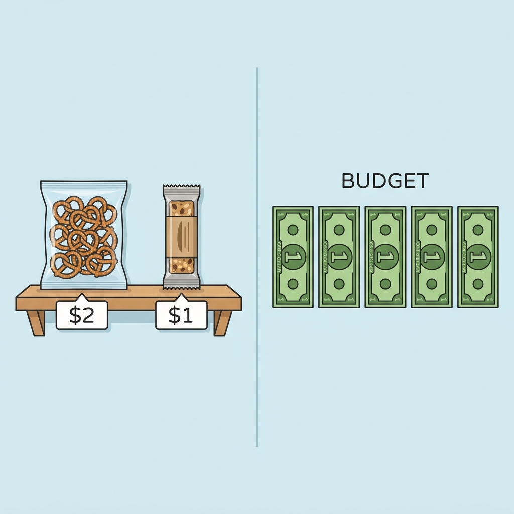 In a school store, you can compare the prices of different snacks to manage your money. One bag of pretzels costs 2 dollars.