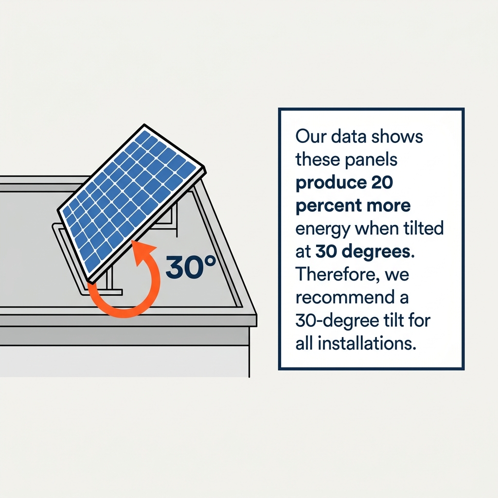 The passage says: 'Our data shows these panels produce 20 percent more energy when tilted at 30 degrees. Therefore, we.