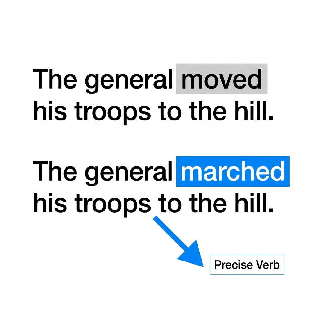 In a historical account, a writer might say, 'The general moved his troops to the hill.' This is okay, but we can be more.