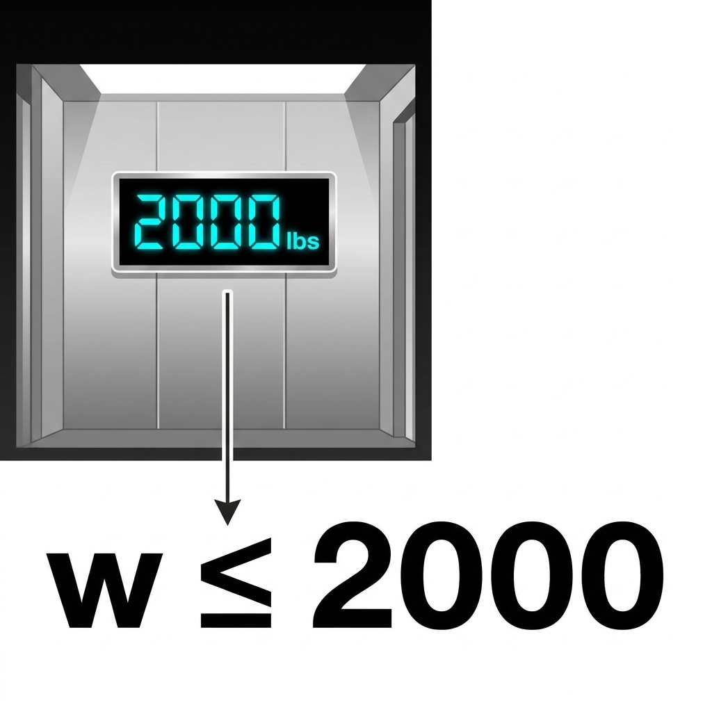 An elevator has a weight limit of 2000 pounds. We want to know what weights are safe. Let's figure out how to write this as.
