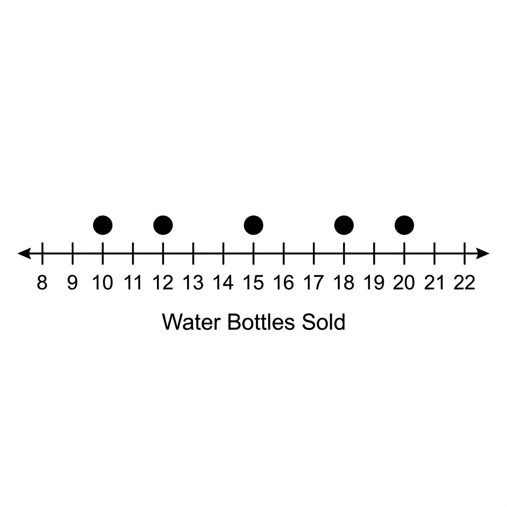 A concession stand sells 10, 12, 15, 18, and 20 water bottles over five days. Let's figure out the mean and the mean.