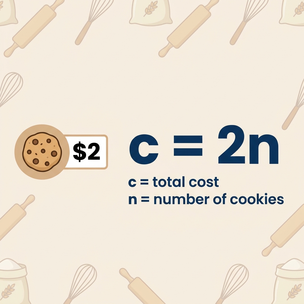 At a bakery, each cookie costs 2 dollars. We want to find the total cost for any number of cookies. Let c be the total cost.