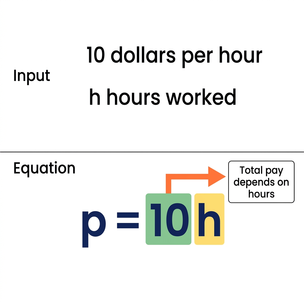 Consider hourly wages. If you earn 10 dollars per hour, your total pay p depends on the number of hours h you work. We can.