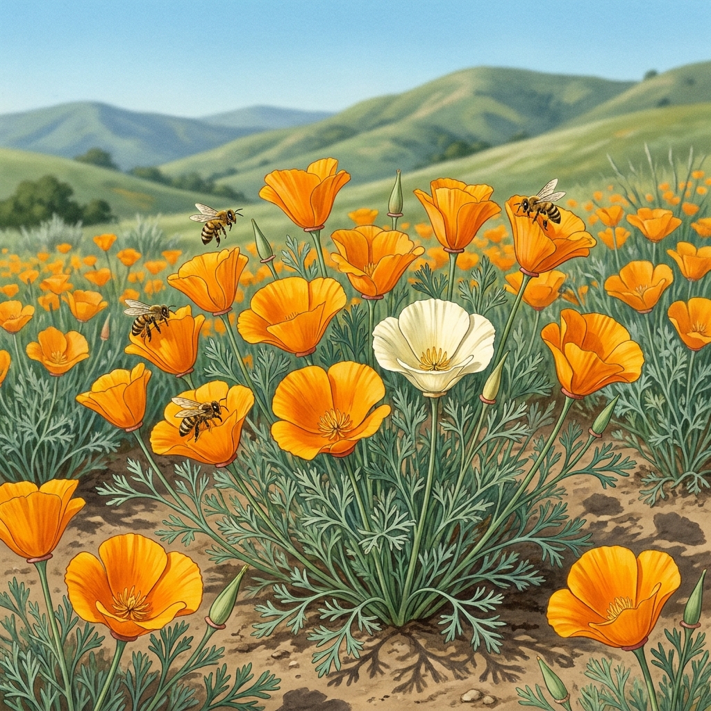 Imagine a California poppy that usually has orange petals. A mutation occurs in one poppy, and its petals turn white. We.