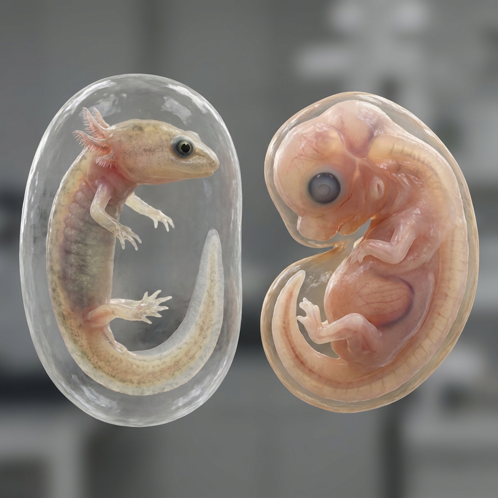 We have pictorial data showing a salamander embryo and a chicken embryo side-by-side. Both embryos are at the same early.