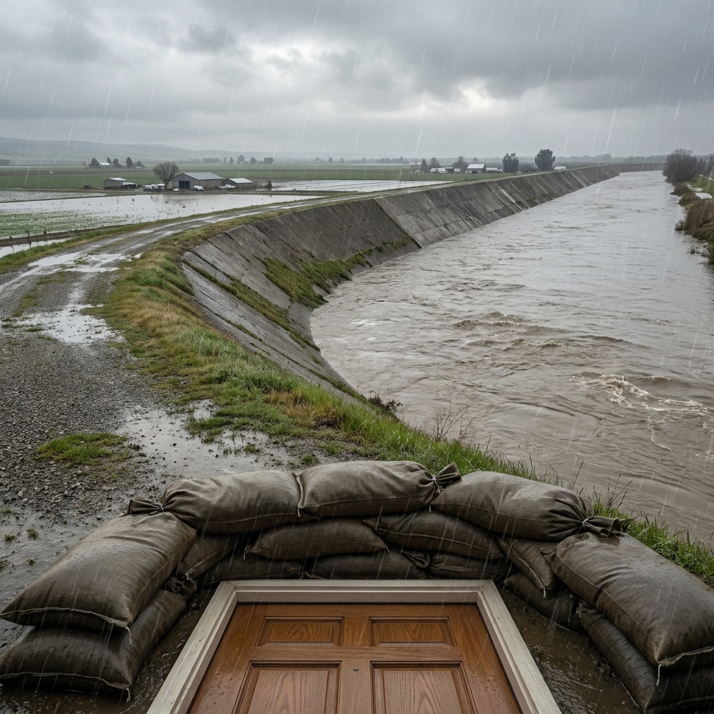In the Central Valley, flooding happens when rivers overflow their banks. A family might use sandbags to block their front.