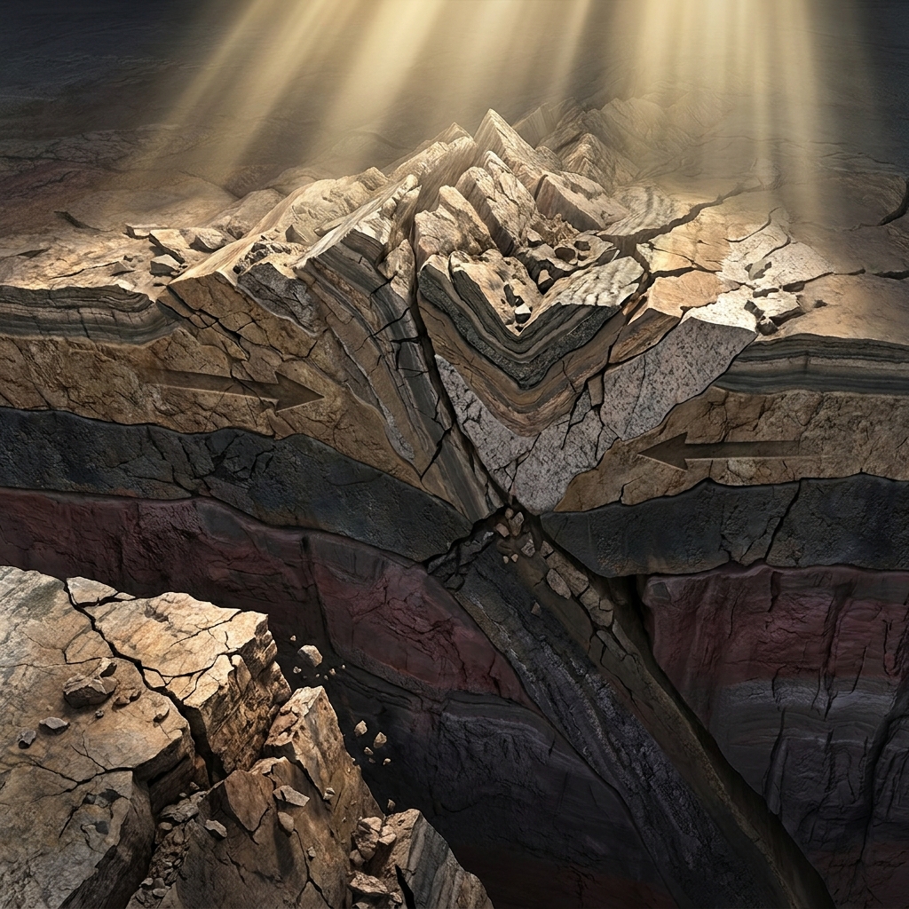 Tectonic plates are massive sections of Earth's crust that move slowly. When two plates collide at a fault line, they push.