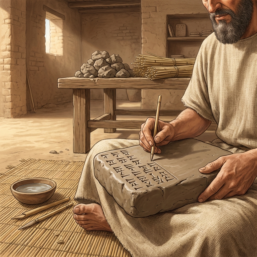 The passage says, 'Scribes used a reed stylus to press marks into wet clay, creating the first written language.' We want to.