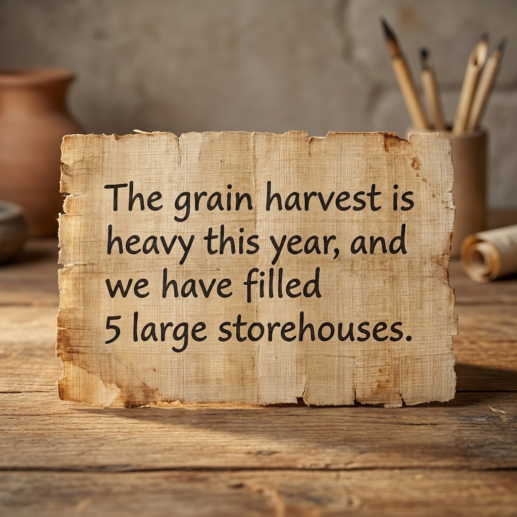 We have a papyrus fragment that says, 'The grain harvest is heavy this year, and we have filled 5 large storehouses.' This.