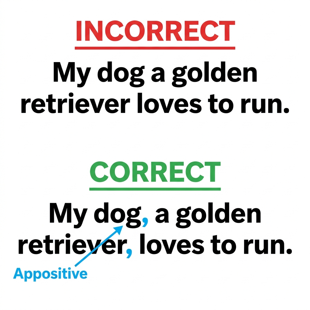 Another non-example is: My dog a golden retriever loves to run. This is missing commas around the appositive. The correct.