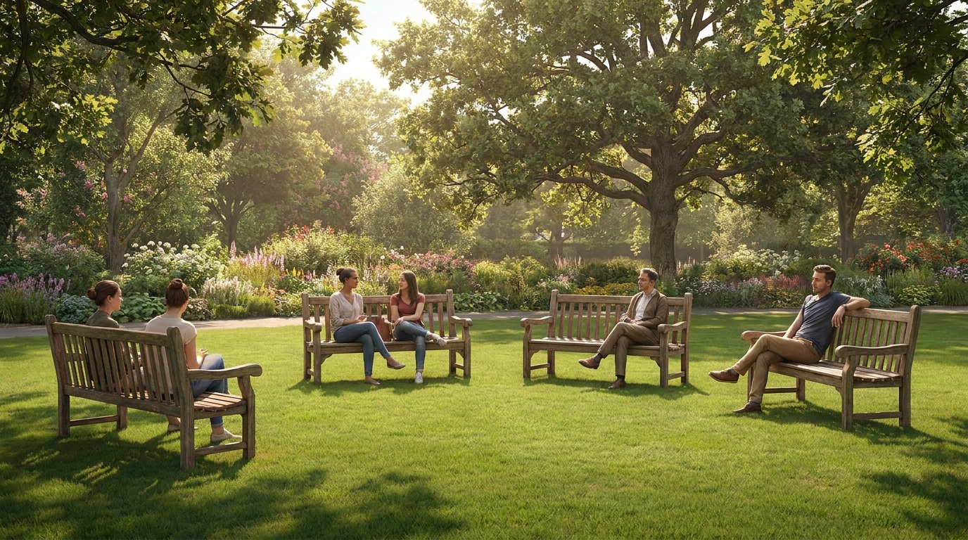 Create a city park with only 4 park benches. People are sitting and resting on the 4 park benches. When I count the benches.