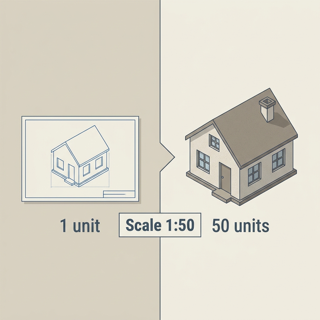 An architectural blueprint is a scale drawing. It shows a house at a scale of 1 to 50. This means every 1 unit on the paper.