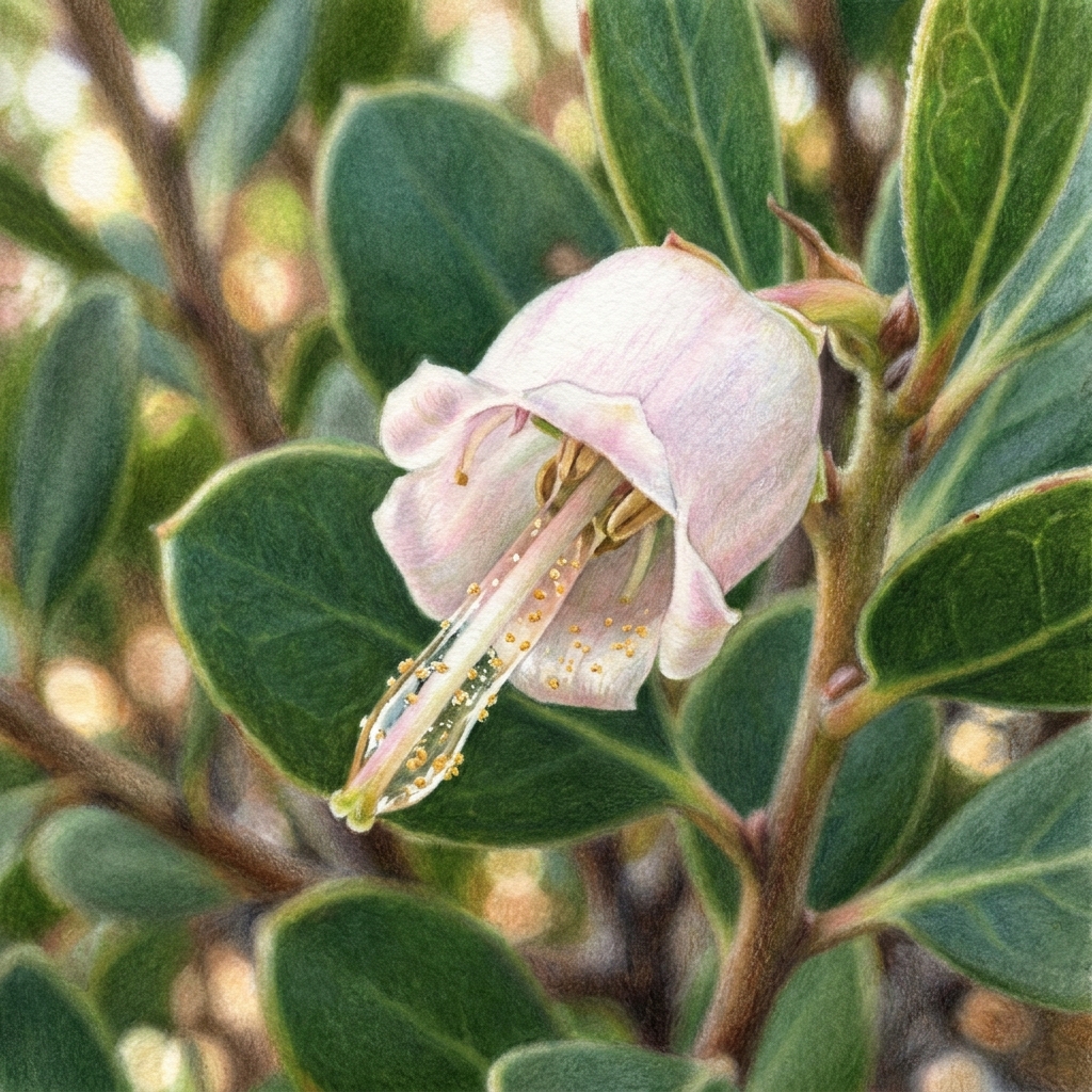We are looking at the manzanita flower. It has a sticky stigma, which is the part of the flower that catches pollen. Let's.