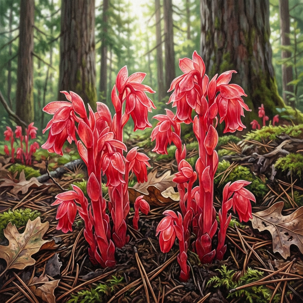 The snow plant has a bright red color that stands out against the forest floor, which helps it attract specific pollinators.
