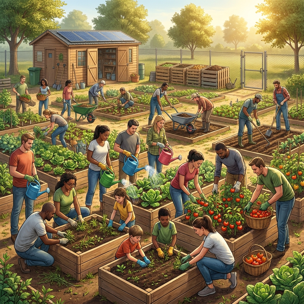 In a community garden, people share a plot of land. Each person has a specific task, such as weeding, watering, or.