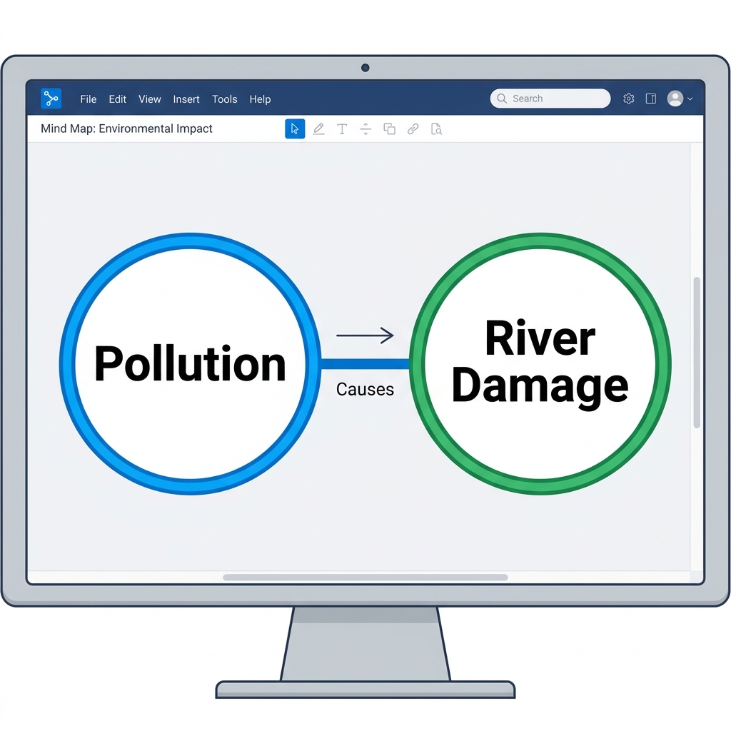 A student uses a digital mind-mapping tool to show how pollution causes damage to local rivers. The tool allows the student.