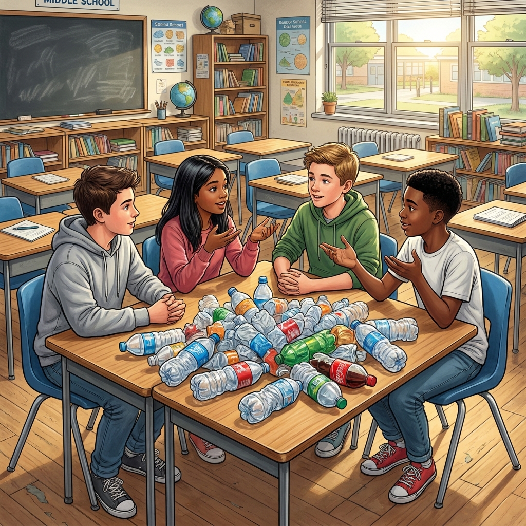 In a discussion about recycling, one student says: 'We should ban all plastic bottles to save the ocean.' Another student.