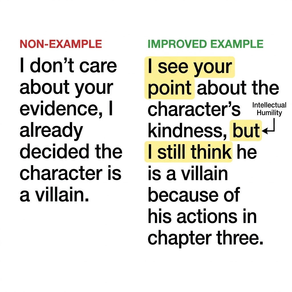 A non-example: 'I don't care about your evidence, I already decided the character is a villain.' This is not intellectual.