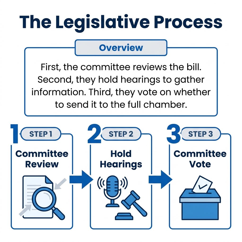 In the United States Congress, a bill must pass through a committee before it reaches the floor. First, the committee.
