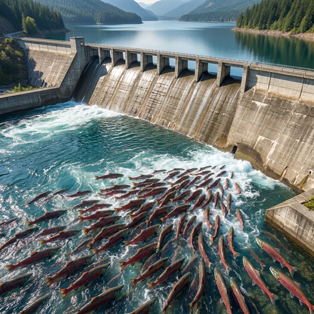Salmon populations often decline after a dam is built. Before the dam, the salmon count was high. After the dam was built.