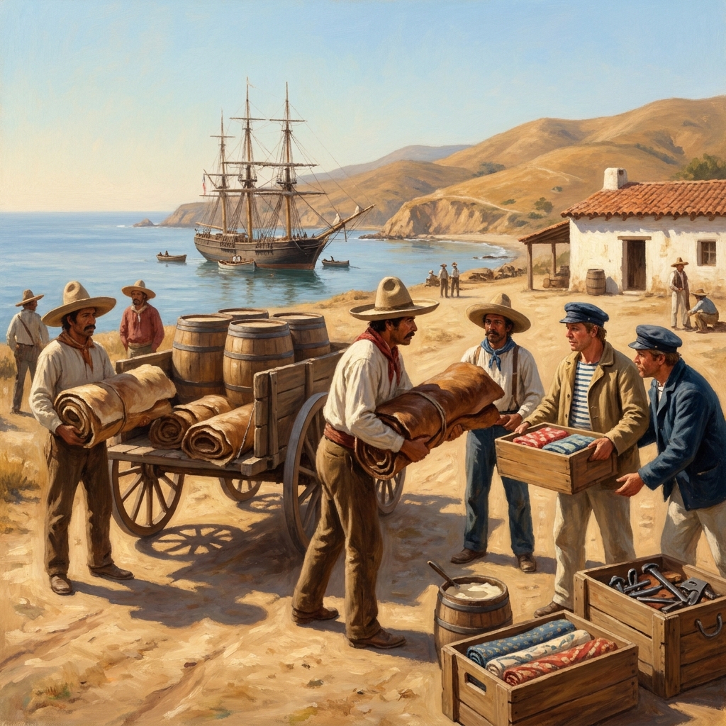 Let's figure out what impact the trade of cowhides and tallow had on the economy. Rancheros traded these goods with ships.