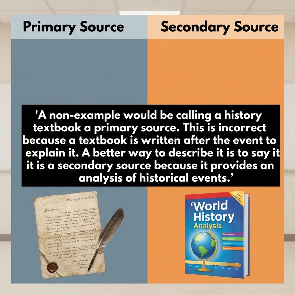 A non-example would be calling a history textbook a primary source. This is incorrect because a textbook is written after.