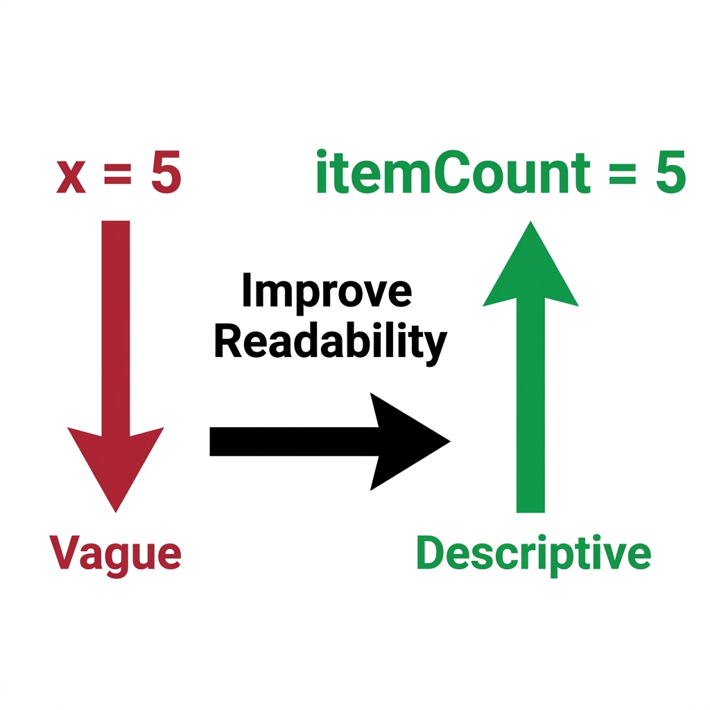 In an e-commerce website, you might have a variable that counts items in a shopping cart. If you name it x, it is hard to.