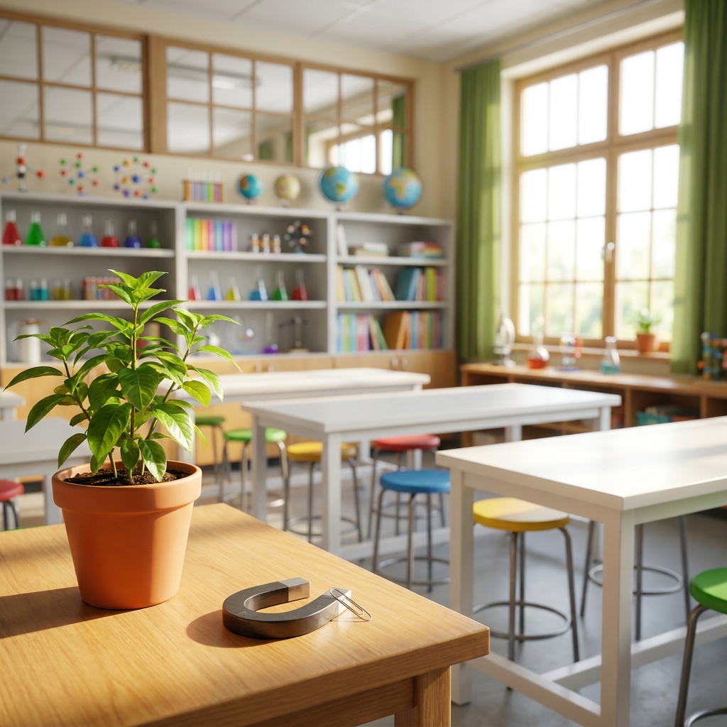 In a science lab, you might observe plants or magnets. A complete sentence is, 'The green plant grows toward the light,'.