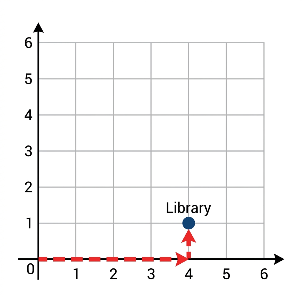 A library is located at (4, 1) on the city grid. Let's find the library by starting at the origin and moving along the axes.
