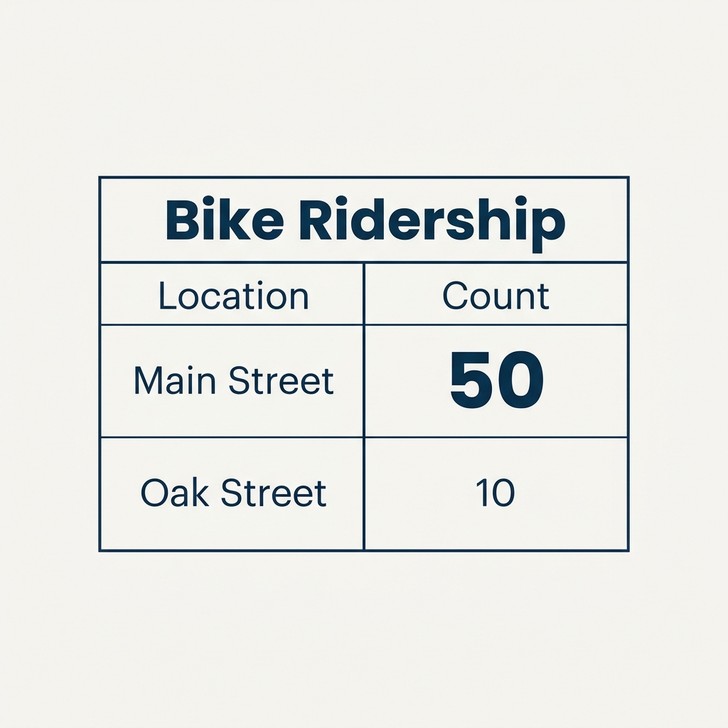Imagine a table showing how many people ride bikes on different streets. If Main Street has 50 riders and Oak Street has 10.