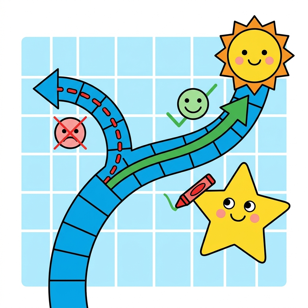 Look at these steps. Up, up, left. The star is right! Let us debug. We change left to right. Now the path is right. We are.