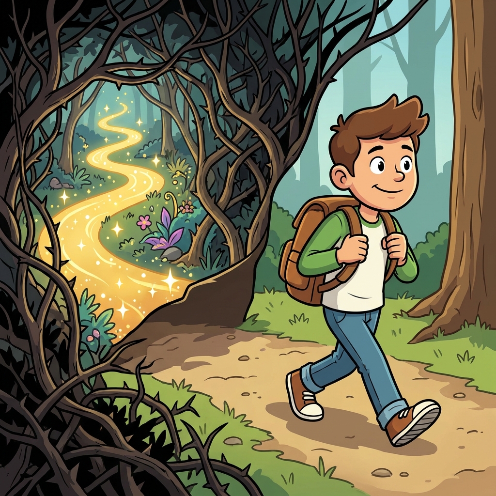 A non-example is: 'The character looked at the path and saw the hidden trail.' Here, the character knows the trail, and the.