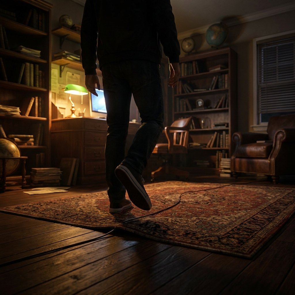 In a thriller, the text says, 'John stepped into the room, unaware that the wire under the rug was connected to a silent.
