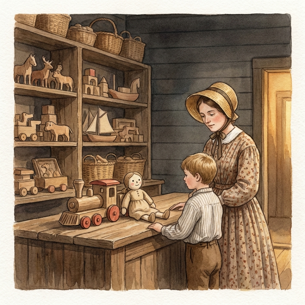 Now let's look at a shop. A family goes to a toy shop. They have enough money for only one toy. They see a wooden train and.