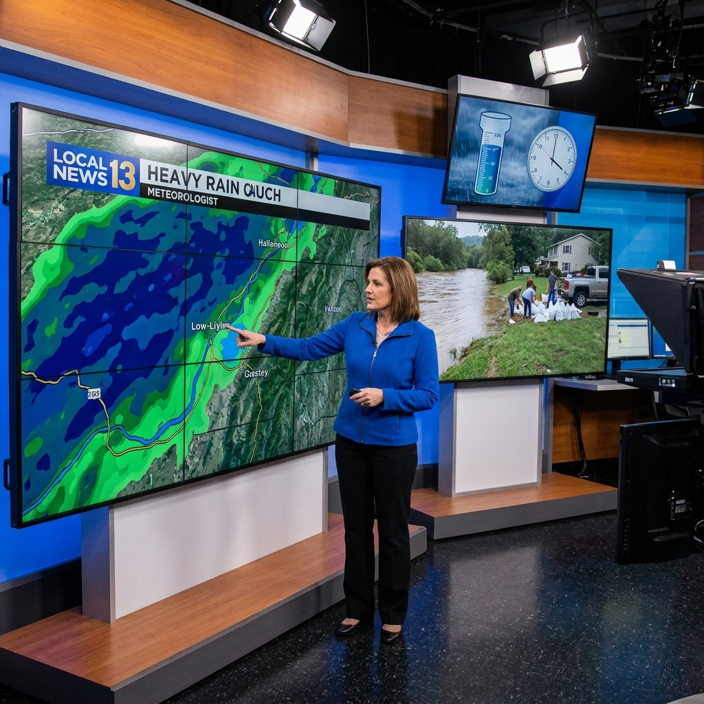 Imagine a weather report from a local news station. It says, 'Heavy rain is expected to cause flooding in the valley by.