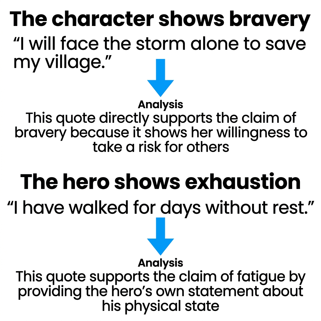 Example 1: A literary quote. If you claim a character is brave, you could write: The character shows bravery when she says.