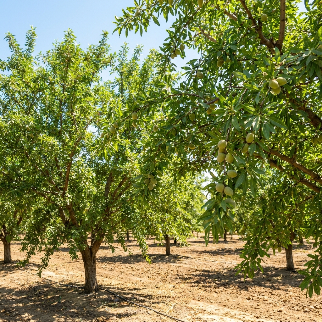 In the Central Valley, almond trees grow tall by using sunlight and water. The trees take in water from the ground through.