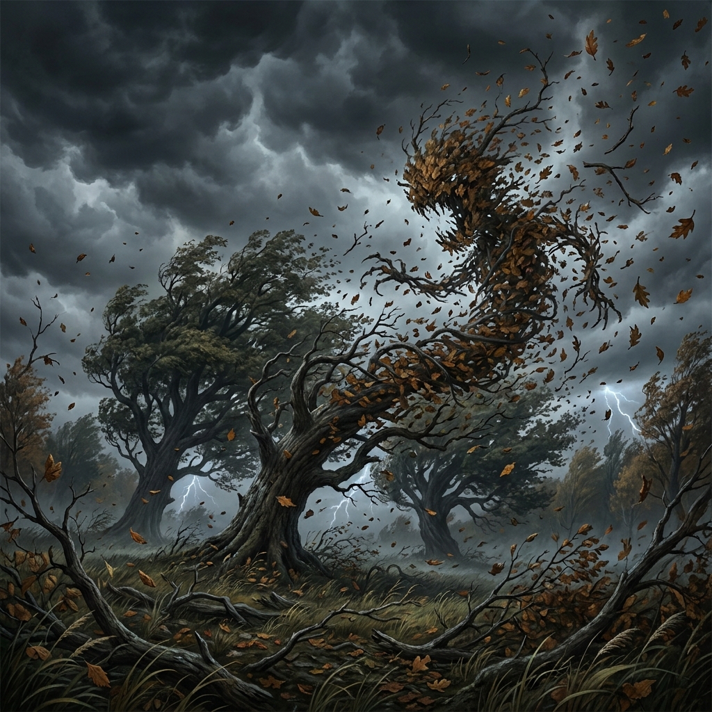 The passage says, 'The storm was a hungry beast, tearing through the trees.' Let's see what these clues tell us.