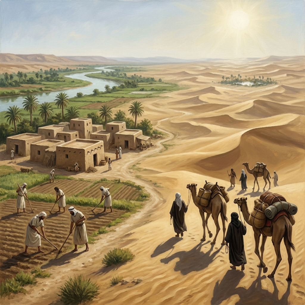 Imagine a lush valley with plenty of water and a dry, hot desert with almost no rain. In the valley, people can plant crops.