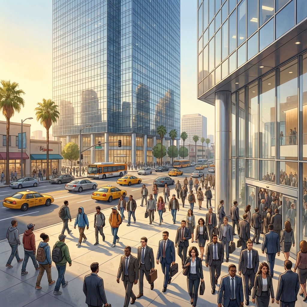 A high-rise office building in Los Angeles is an example of urban land use. It is tall and holds many workers, which is how.