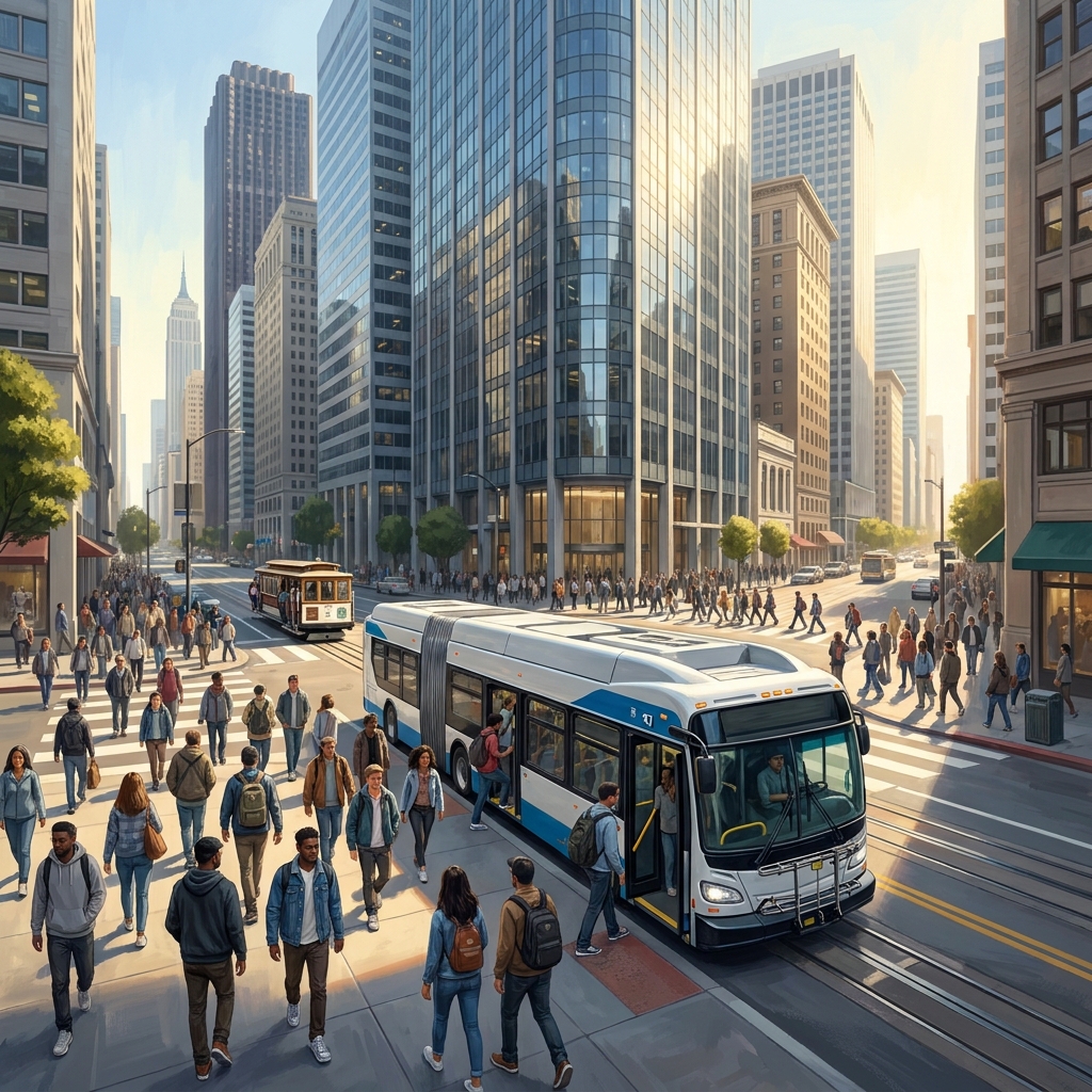 In a dense downtown area, many tall buildings are crowded together. This makes it easy for many people to work in one place.