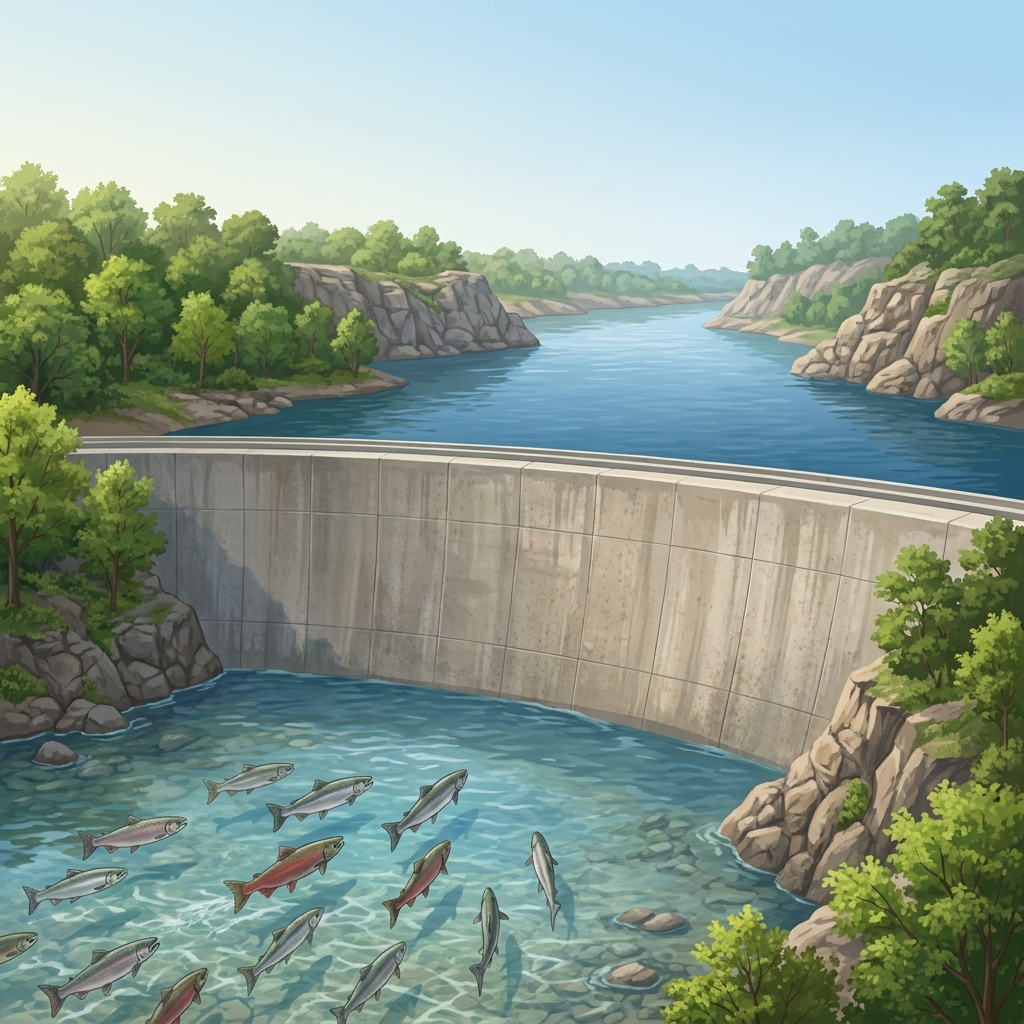 A dam built across a river blocks fish from swimming upstream to lay their eggs. This is a human-caused habitat change.