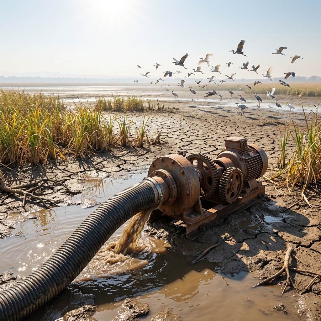 Imagine a coastal wetland where birds live. A developer drains the water to build houses. We observe the water level.